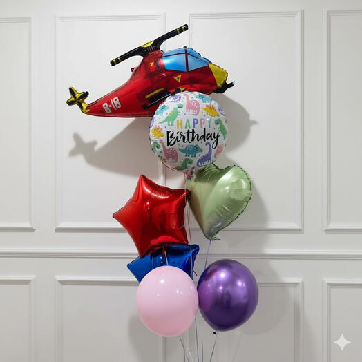 Фольгированный шар «Цветные динозавры» для дня рождения с вертолётом (7 шт.)