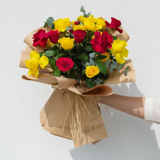 Sunset Spark Bouquet | 21 Red   Yellow Roses of Love, Joy   Warmth