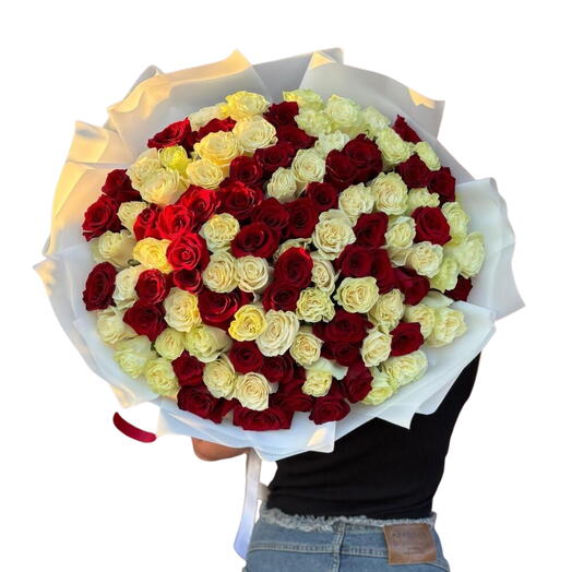 White and Red roses Wrapped bouquet