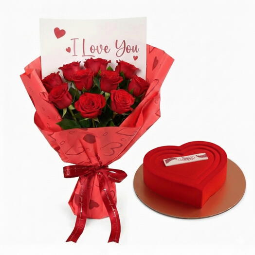 Букет «10 причин, почему я тебя люблю» с шоколадным тортом в форме сердца