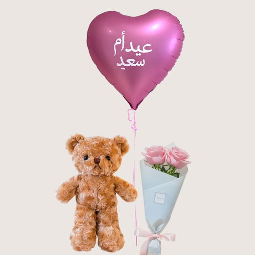 Pink Rose Bouquet, Teddy Bear   Arabic "Happy Mother s Day" Balloon | Abu Dhabi Delivery