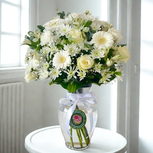 White Poise Vase | Roses, Carnations, Alstroemeria   Gerberas | Elegant Flowers Dubai