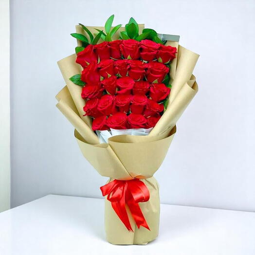 25 Red Roses Romantic Bouquet – Wrapped in Craft Paper with Ruscus   Ribbon