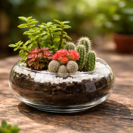 Толстянка с фиттонией и кактусом в маленькой рыбной чаше