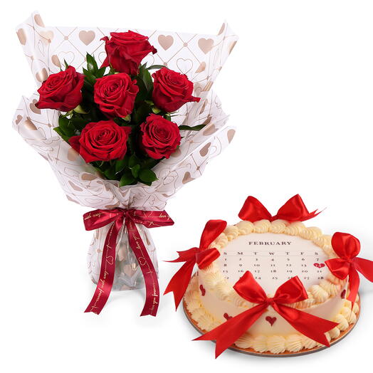 Букет из 6 роз «Любовь» с тортом «Красный бархат»