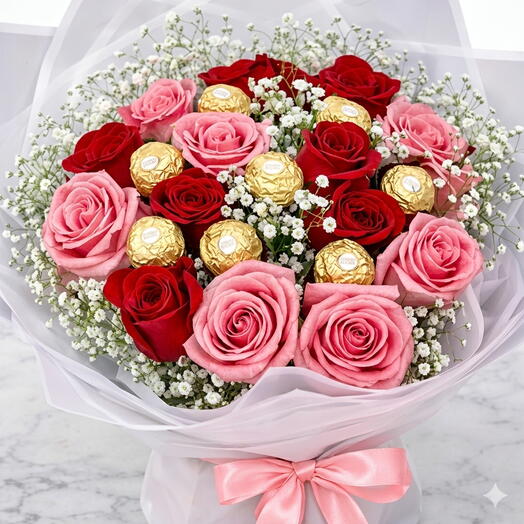 مختلط وردي   أحمر ورود مع7 فيريرو روشيه  رومانسية شوكولاتة باقة