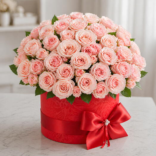 Fresh live 50 pink roses beautifully presented in a romantic box