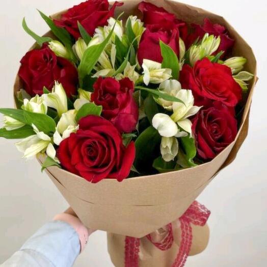 Romantic Red Rose   White Alstroemeria Bouquet