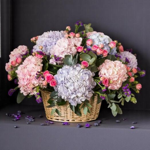 Basket Full of Happiness – Hydrangea   Spray Rose Flower Arrangement