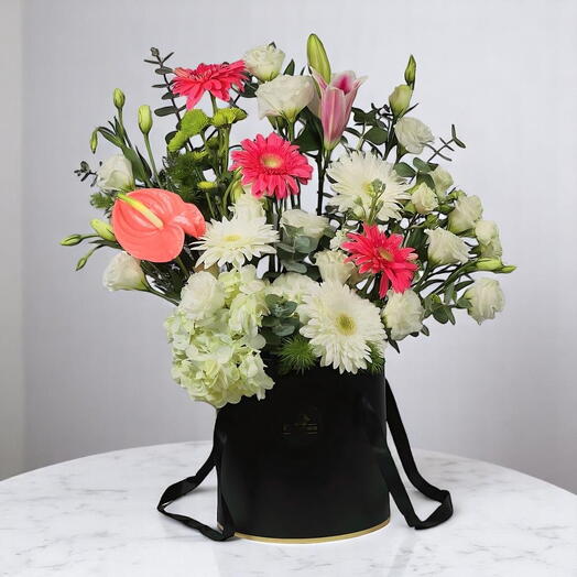Happiness Floral Box – Bright Mixed Flower Arrangement in Elegant Black Hat Box