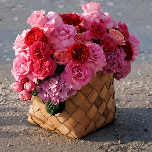 Romantic Holiday: Basket of Pink Hydrangeas and Red Garden Roses
