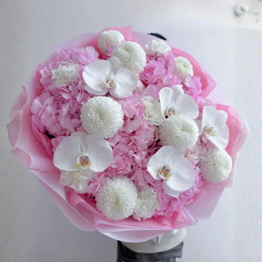 Krasivaya- Pink Hydrangea,  chrysanthemum,  carnation and Orchid bouquet
