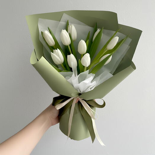 White Tulip Bouquet in Green wrapping - 11 stems