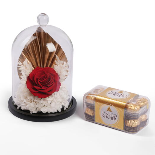 Dôme de rose rouge éternelle avec Ferrero Rocher Combo