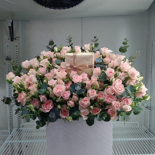Pink baby rosess and eucalyptus and white box without gift
