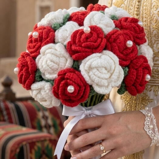 Crochet red and white roses wedding bouqet