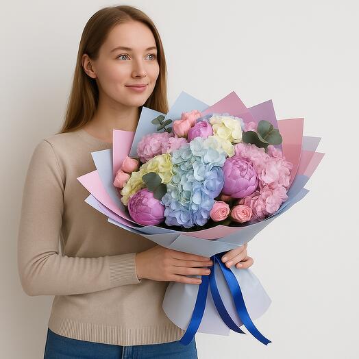 Букет гортензий в пастельном стиле с пионами