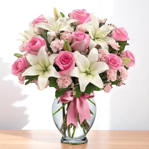 Passion Bouquet | Pink Roses, White Lilies   Carnations in Glass Vase | Romantic Floral Arrangement
