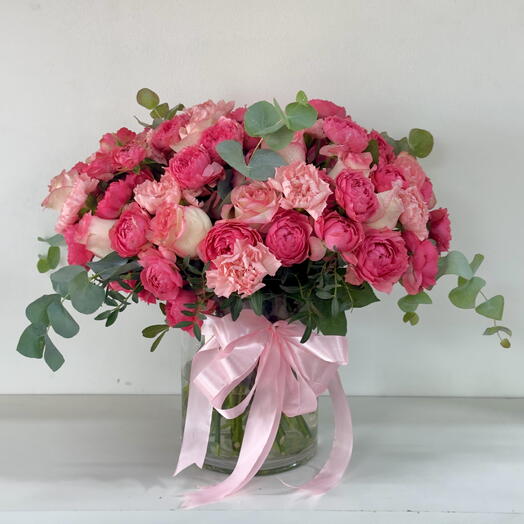 Elena s Garden Bouquet | Pink Carnations, Roses   Eucalyptus in Glass Vase | UAE Delivery