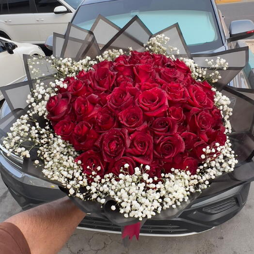 50 red roses hand bouquet