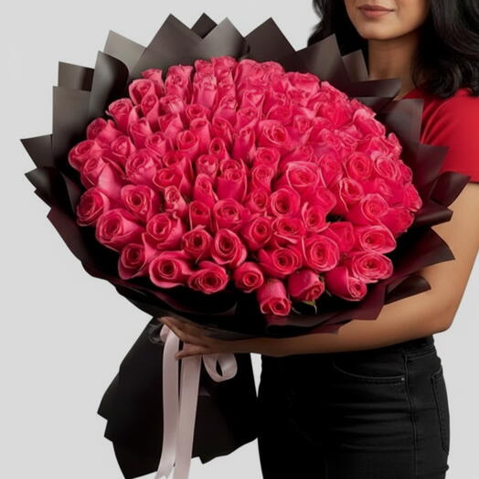 100 Dark Pink Rose Bouquet - Premium