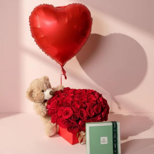 51 Red Roses Heart Box with Teddy, Patchi Chocolates   Red Heart Balloon – Luxury Valentine s Gift