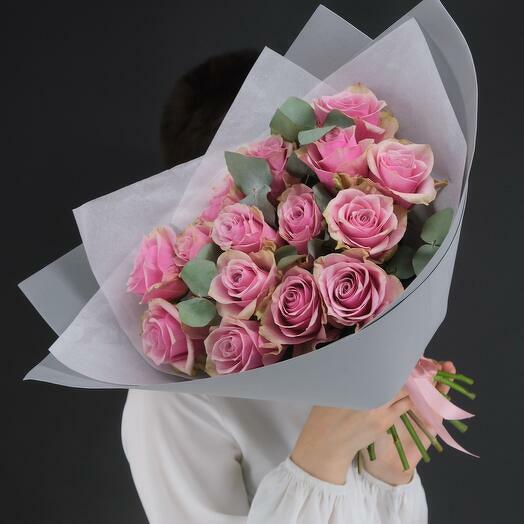15 pink roses with eucalyptus-698