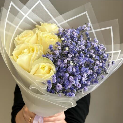 Bouquet Of White Rose   Blue Gypsophilia-1248