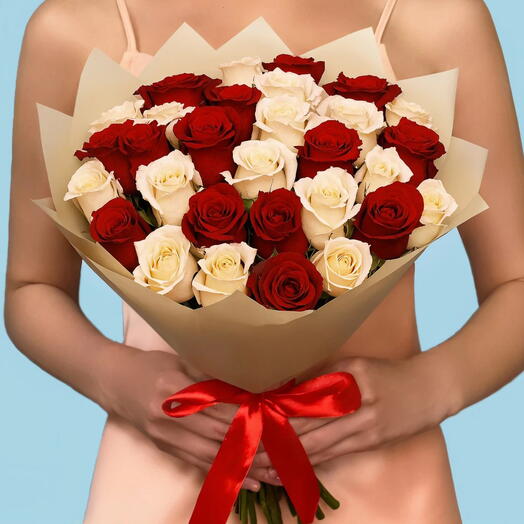 Elegant Fusion: 33 White and Red Roses