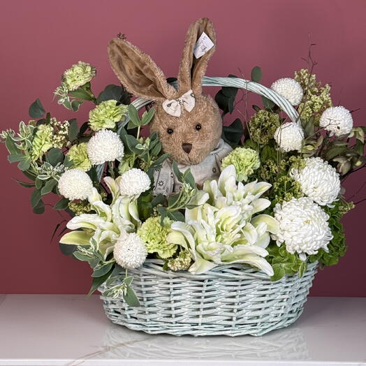 Pastel Dream: Small Basket with Bunny and Flowers