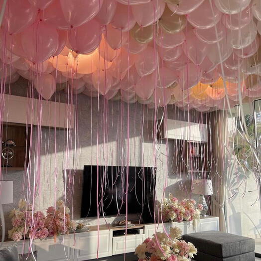 100 ceiling helium balloons pink and white sand