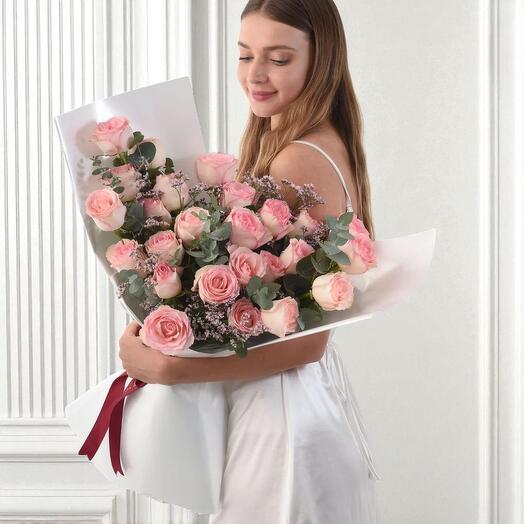 Royal Pink Grace – 24 Pink Roses Bouquet with Limonium   Eucalyptus