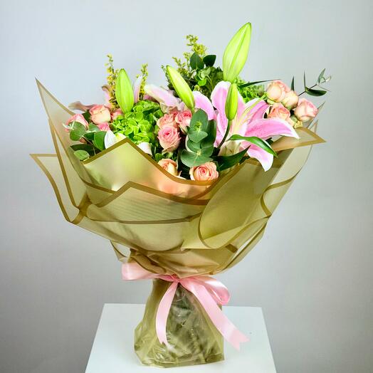 Luxury Pink Lily   Rose Bouquet in Gold Wrap