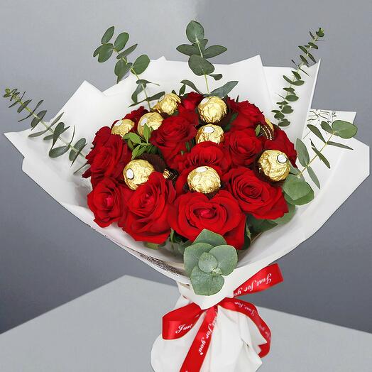 Valentine Red Roses N Chocolate in white Wrapping