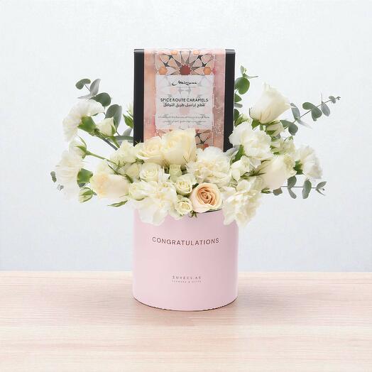 Promesse en pétales – Coffret Bloom de Félicitations avec Caramels Mirzam