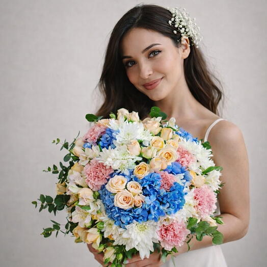 Pastel Blue Hydrangea And Rose Bridal Bouquet