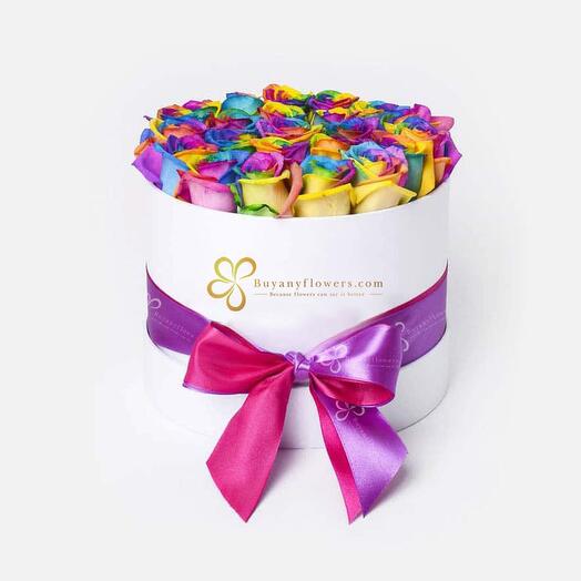 Forever Rainbow Roses In White Round Box