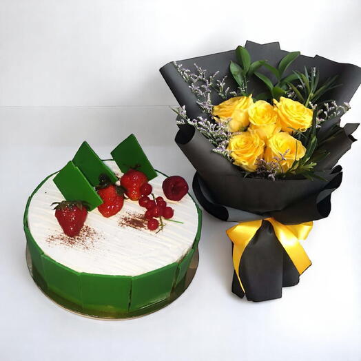 Sunny Wishes Combo – Yellow Roses Bouquet with Vanilla Cake