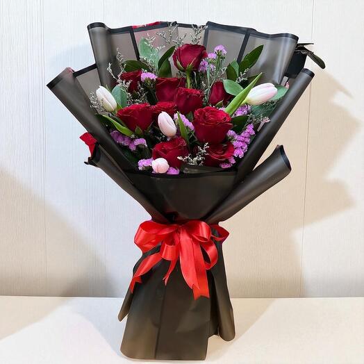 Sweet Serenade Bouquet – Red Roses, Pink Tulips   Purple Statice