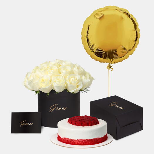 White Roses in Box with Red Velvet Cake Bundle