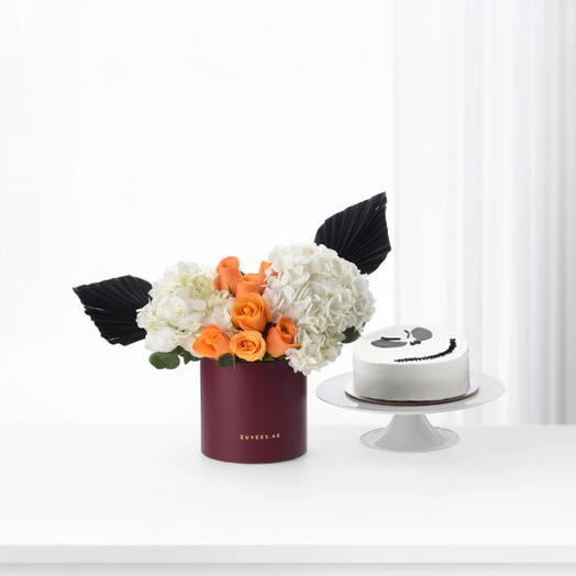 Golden Pearl Bloom Box with Halloween Chocolate Cake