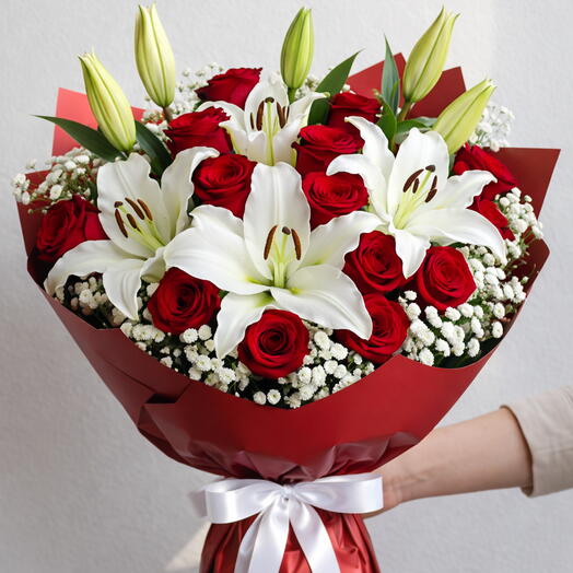 Festive Red Roses White Lilies