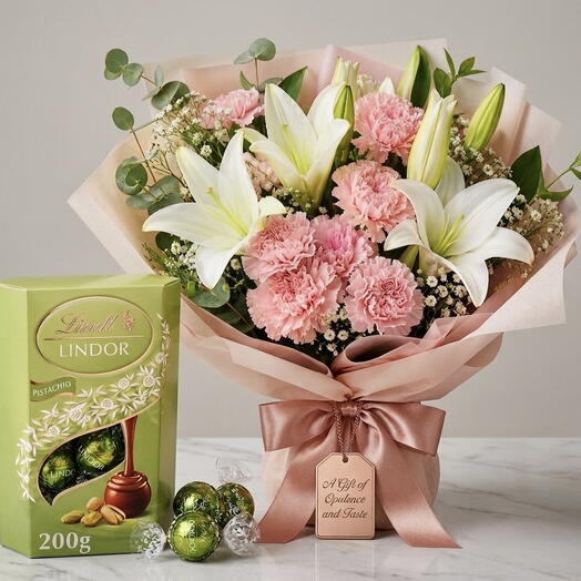 Blush Carnations White Lily with Lindt Pistachio Chocolate | Dubai Delivery