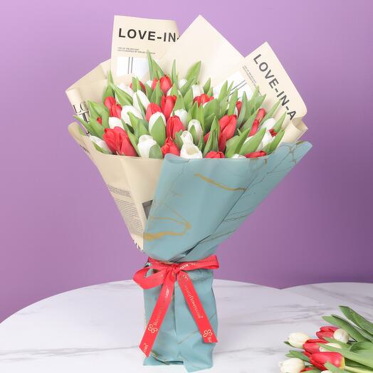 Beauty 51 Red and White Tulips Bouquet