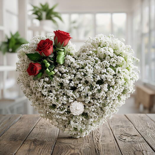 Boîte en forme de cœur pour la Saint-Valentin avec arrangement de gypsophile