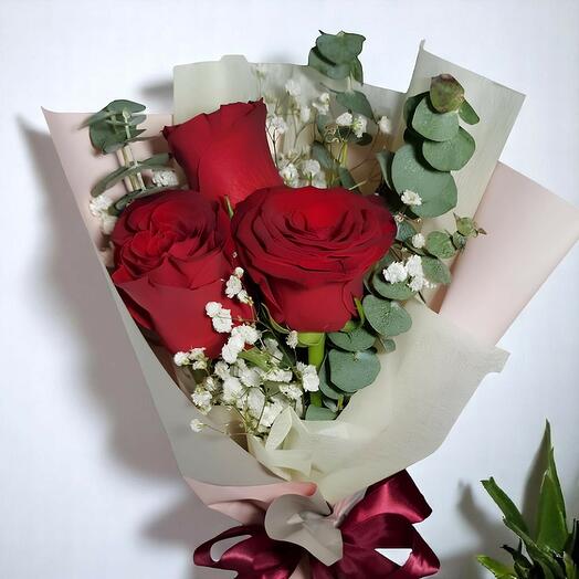 3 Red Roses With Eucaliptus