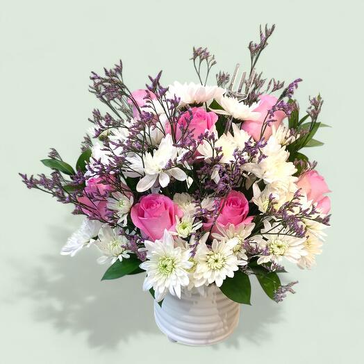 Розовая Роза   Белая Хризантема Гармония