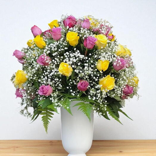 Royal arrangement; 50 stems roses   fillers in a nice ceramic vase