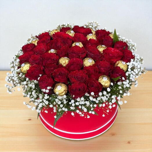 Sweet Love: 35 Stems of Red roses with 15 pcs of ferrero rocher in a round box