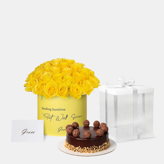Get well soon Yellow Roses with Ferrero cake